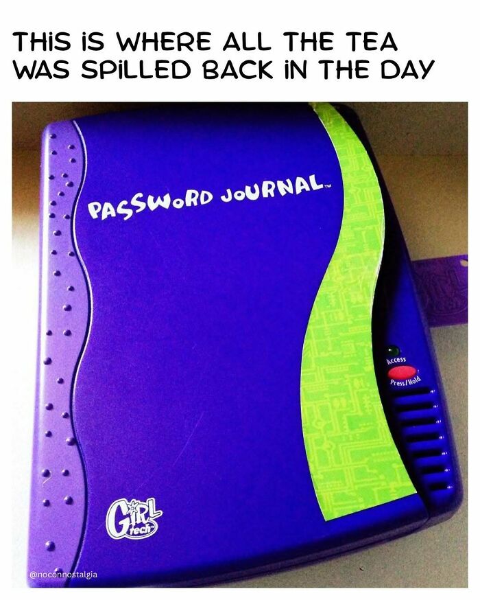 A purple Girl Tech Password Journal, a nostalgic item from the 90s and 00s for secret keeping.