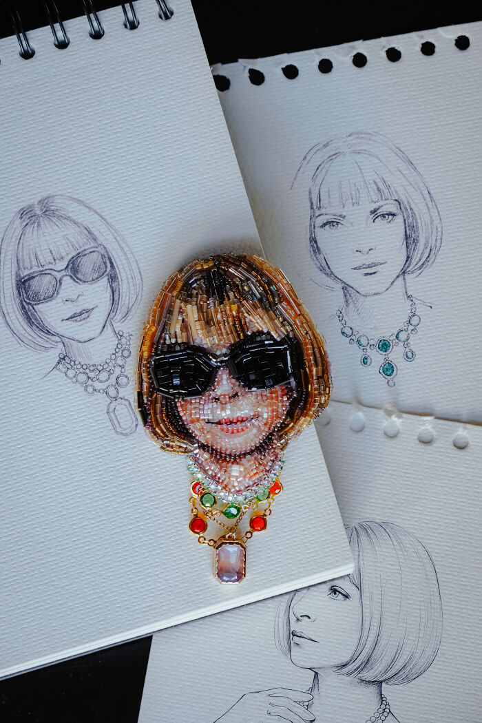 Tiffany Pisani beaded creations: Anna Wintour brooch with sketches.