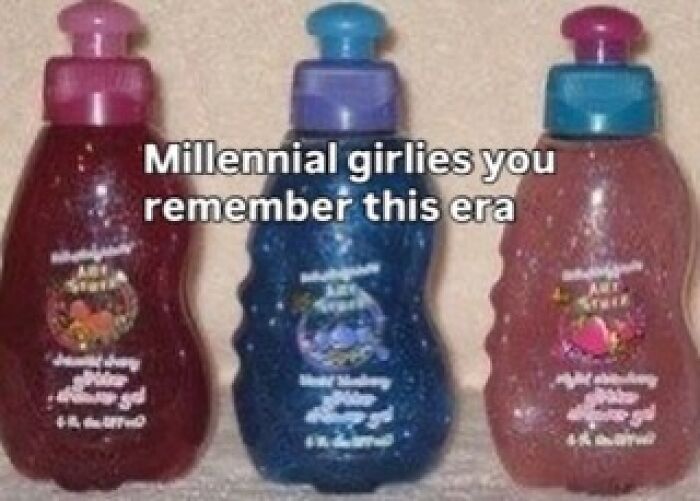 Three bottles of glitter hair gel, representing pure nostalgia gems for Saturday mornings.