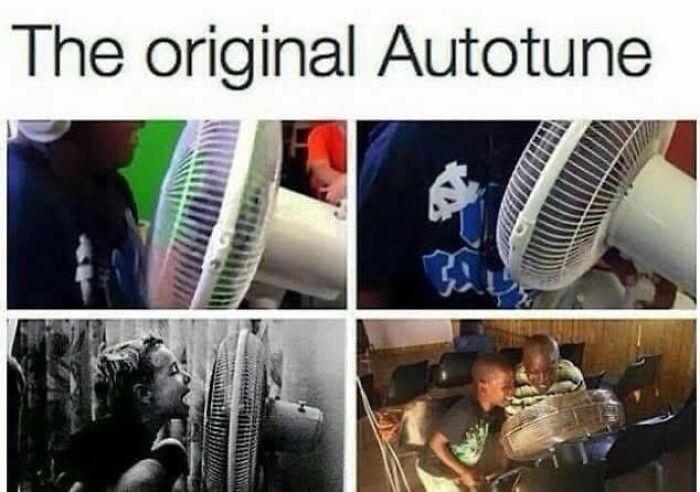 Four images showing people singing into fans, a pure nostalgia gem from Saturday mornings.