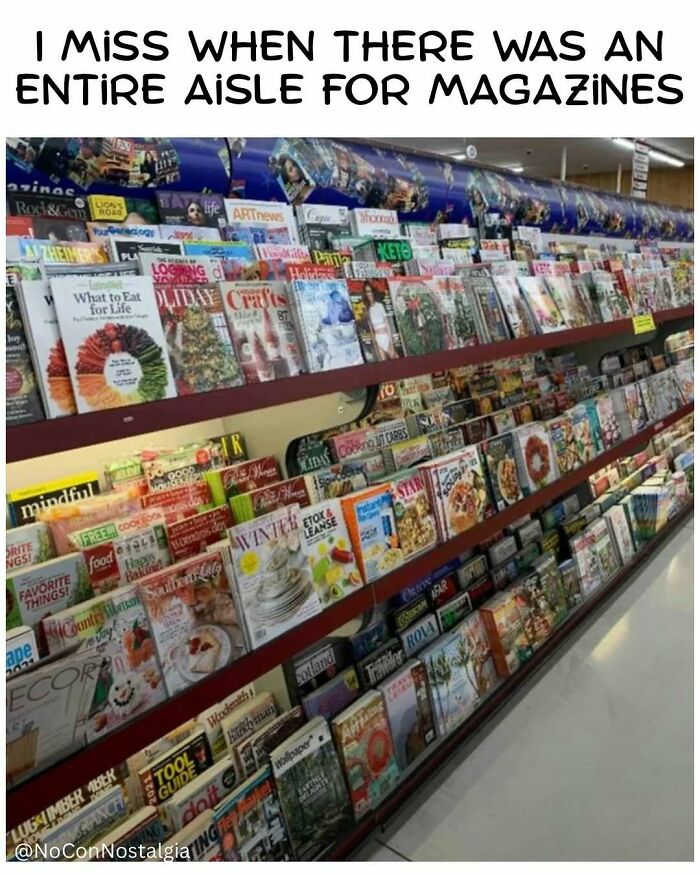 An aisle full of diverse magazines, evoking '90s and '00s nostalgia for browsing physical media.
