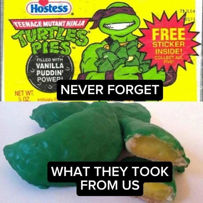 A split image shows a Hostess Teenage Mutant Ninja Turtles Pies box and the green pies, evoking pure nostalgia.