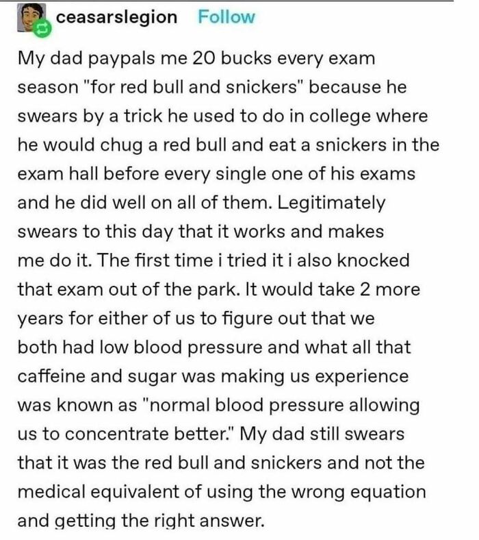 A funny Tumblr post about a dad's college exam trick using Red Bull and Snickers.