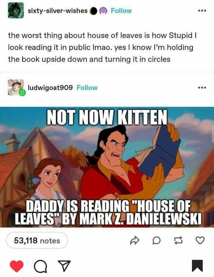Funny Tumblr post about the difficulty of reading House of Leaves and a meme with Gaston reading it.