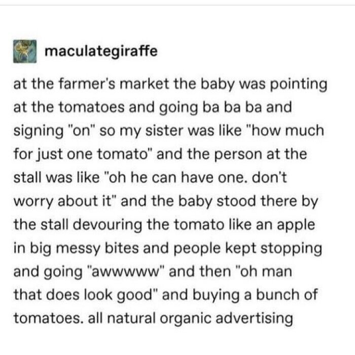 A funny Tumblr post about a baby eating a tomato at a farmer's market, leading to organic advertising.