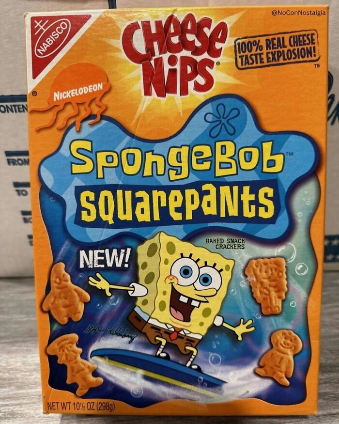 A box of Spongebob Squarepants Cheese Nips, bringing back 90s and 00s snack nostalgia.