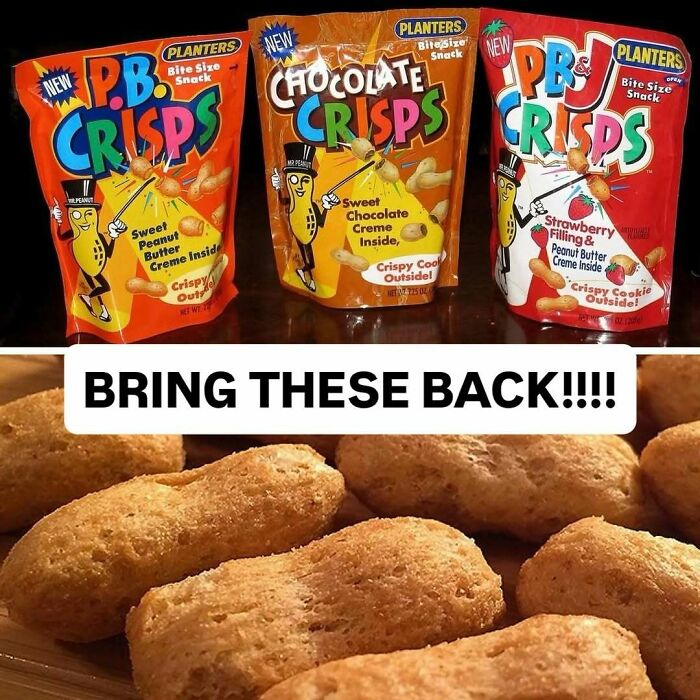 Three packages of Planters P.B. Crisps and Chocolate Crisps, a pure nostalgia gem of snacks.