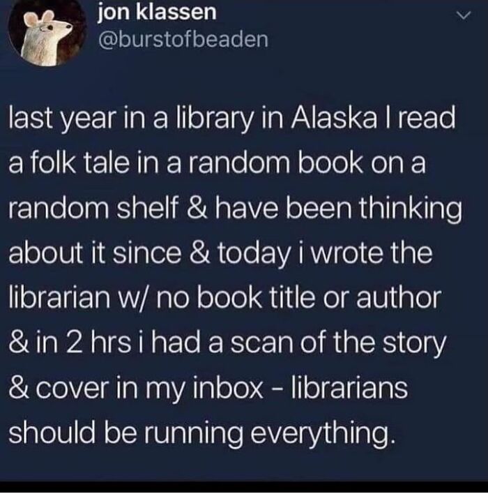 A funny Tumblr post discussing a librarian finding a folk tale for a user with minimal details.