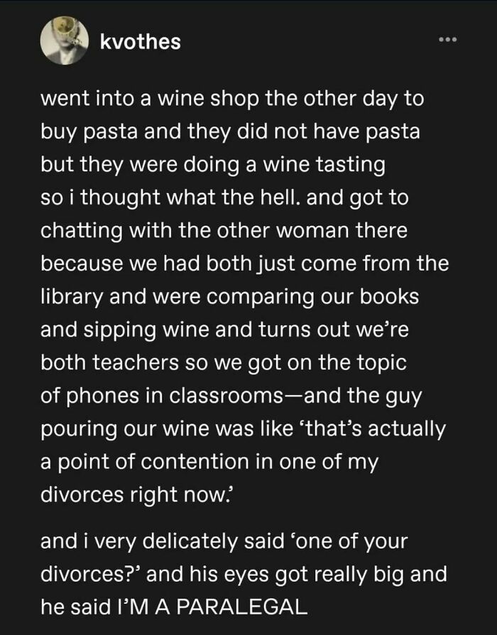 A funny Tumblr post detailing an awkward wine tasting conversation between a woman and a wine shop employee.