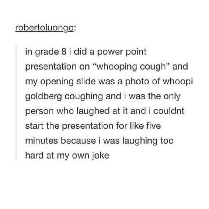 A screenshot of a funny Tumblr post about a presentation on whooping cough with a picture of Whoopi Goldberg coughing.