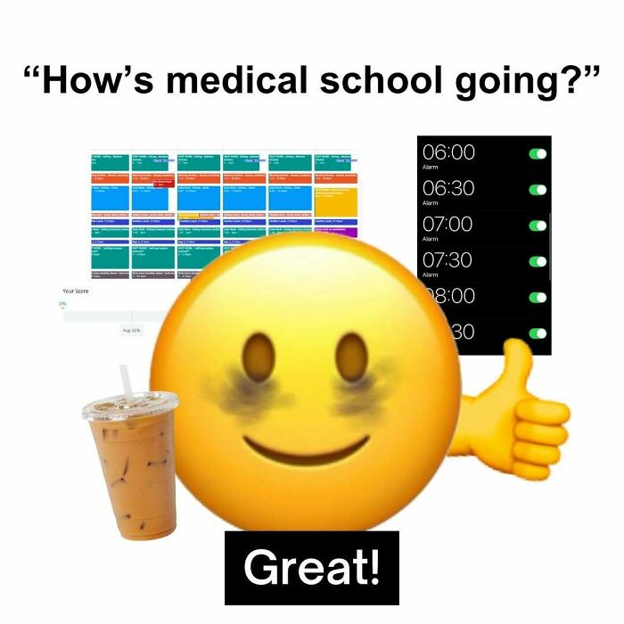 A funny medical meme with a tired emoji, coffee, and a medical school schedule, illustrating the grind.