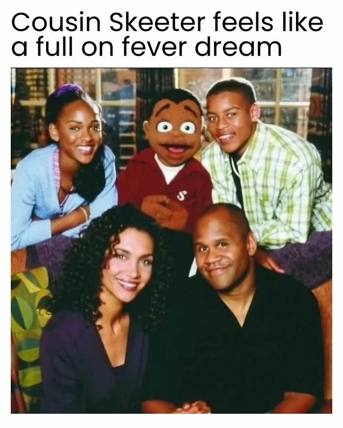 The cast of Cousin Skeeter, including a puppet and four actors, evoking nostalgia for 90s and 00s television.