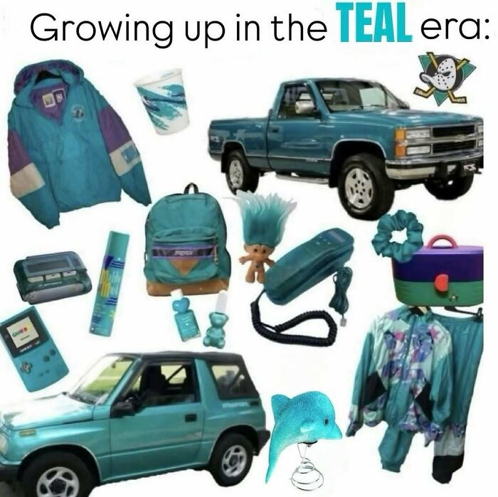 A collage of teal-colored items from the 90s, including a jacket, truck, and Game Boy, evoking pure nostalgia.