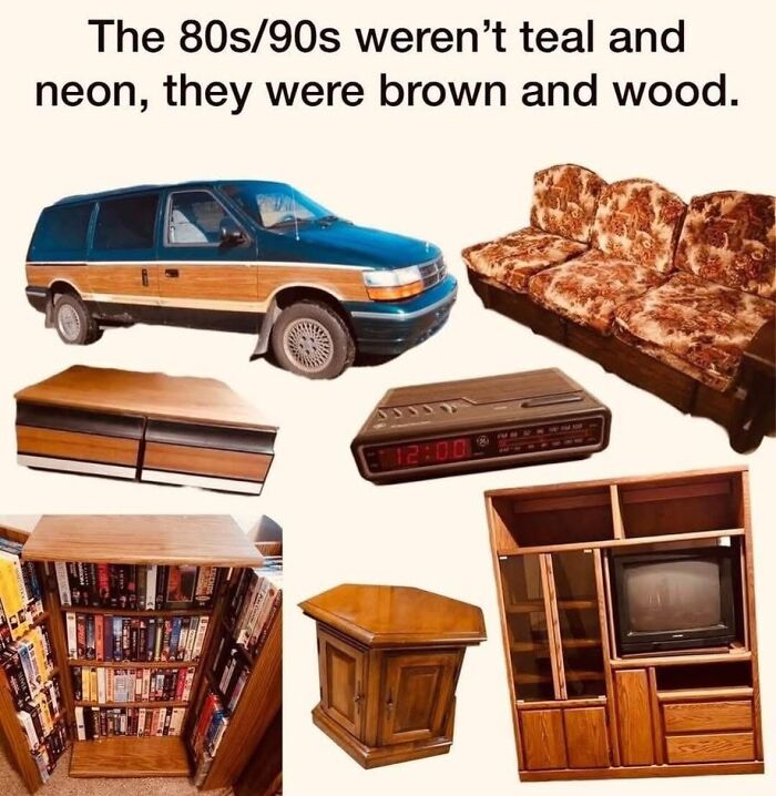 A collage of vintage 80s and 90s items like a minivan, couch, and VHS tapes, perfect for Pure Nostalgia Gems.