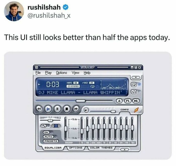 Winamp UI from the 90s, a symbol of nostalgia for those who experienced the magic of the 90s and 00s.