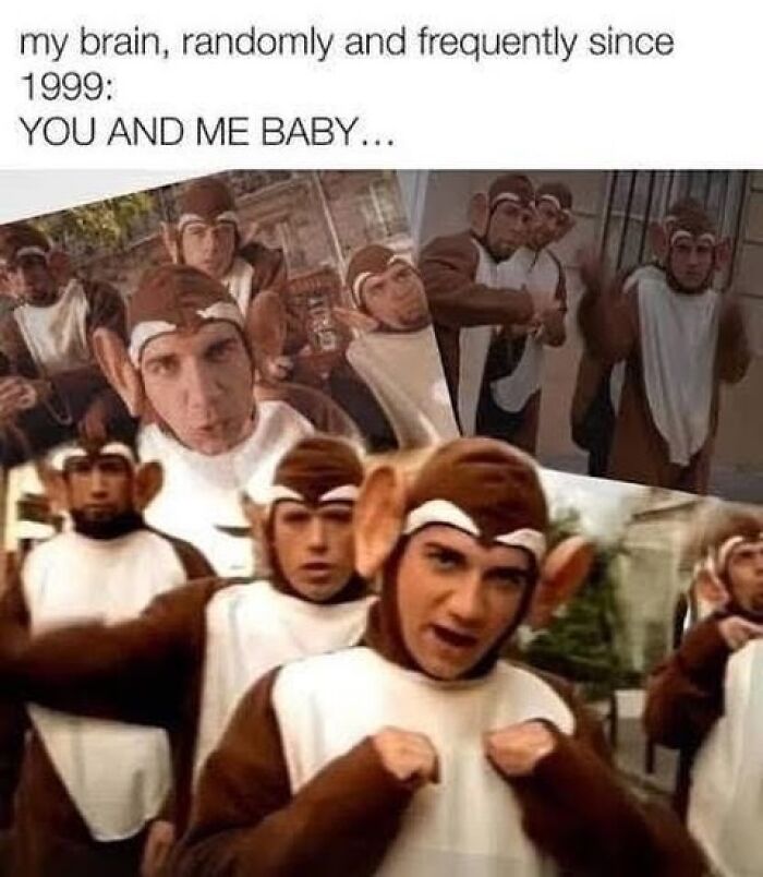 Men in monkey suits from a 1999 music video, a pure nostalgia gem from Saturday mornings.