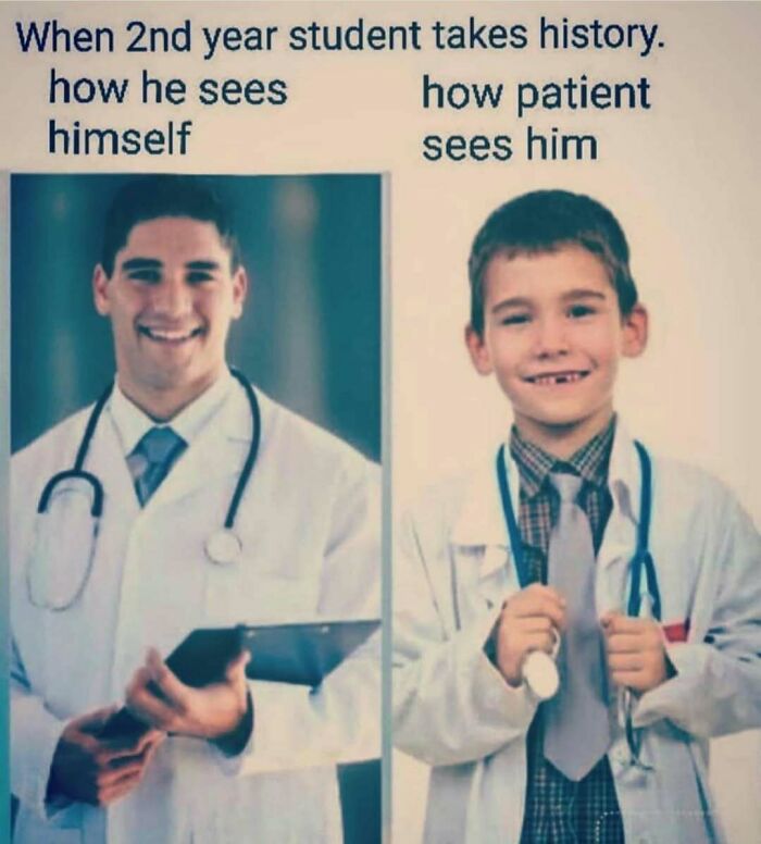 A split image, depicting a medical student as he sees himself versus how a patient sees him, as funny medical memes.