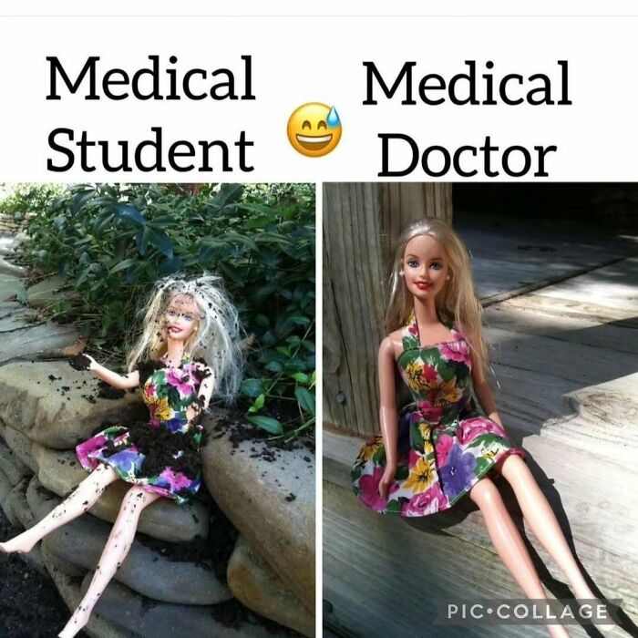 Funny medical meme comparing a messy medical student Barbie to a clean medical doctor Barbie.