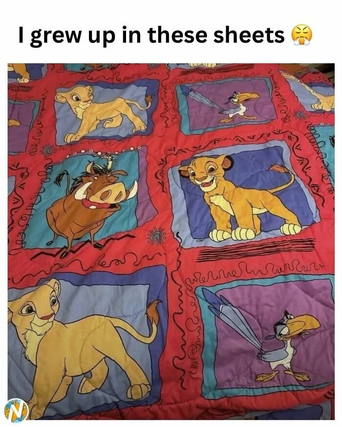 A Lion King bedspread featuring Simba, Timon, and Pumbaa, bringing 90s and 00s cartoon nostalgia.