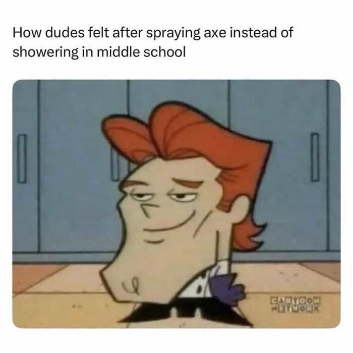 A smug cartoon character image, a pure nostalgia gem from Saturday mornings, about middle school memories.