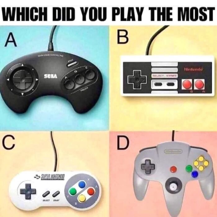 Image of four classic video game controllers: Sega, Nintendo, Super Nintendo, and N64, pure nostalgia gems.
