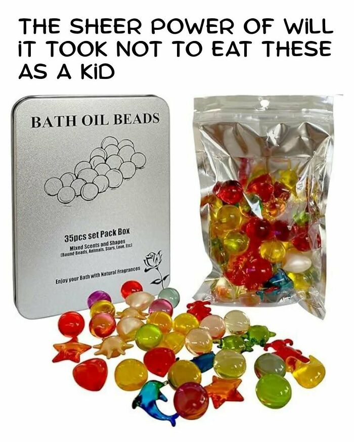 A tin box and bag filled with colorful bath oil beads, a nostalgic item from the '90s and '00s.