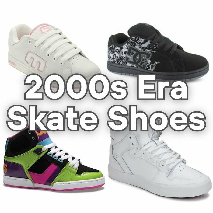 Four pairs of 2000s era skate shoes, evoking nostalgia for the 90s and 00s.