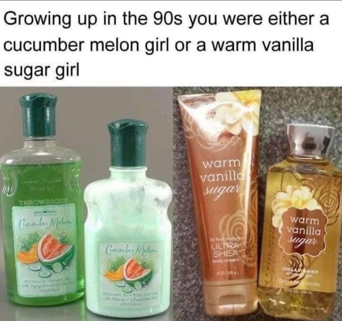 Image of cucumber melon and warm vanilla sugar lotions and body washes, pure nostalgia gems from the 90s.