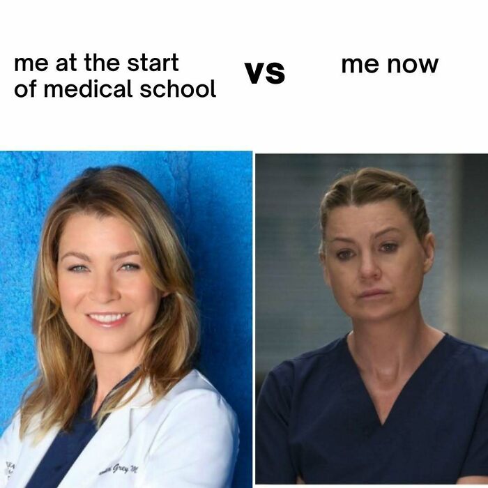 A split image of a woman, happy at the start of medical school and tired now, depicting funny medical memes.