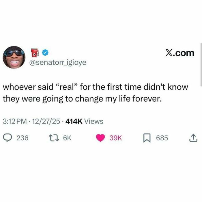 A serotonin meme tweet about the word real changing someone's life forever.