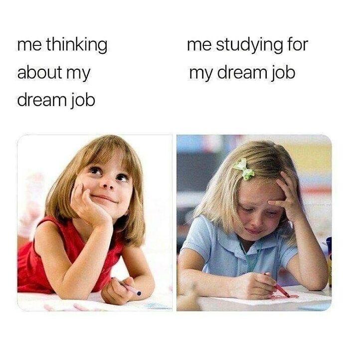 Funny medical meme comparing a child thinking about a dream job versus studying for it.