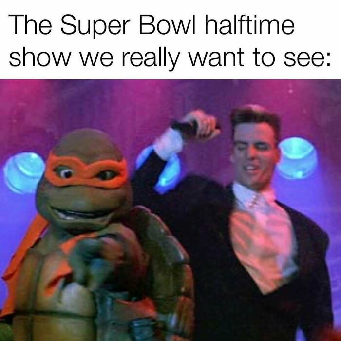 A Teenage Mutant Ninja Turtle and a man performing, a pure nostalgia gem of Saturday mornings.