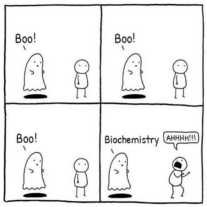 A funny medical meme depicting a ghost scaring someone with the word Biochemistry, highlighting medical studies.