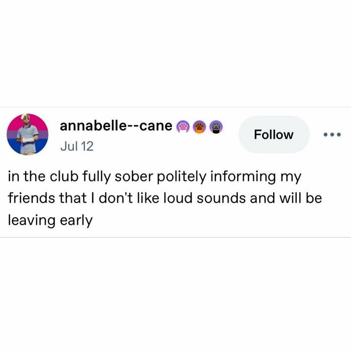 A social media post on a white background about being sober in a club and leaving early, bringing comfort and serotonin memes.