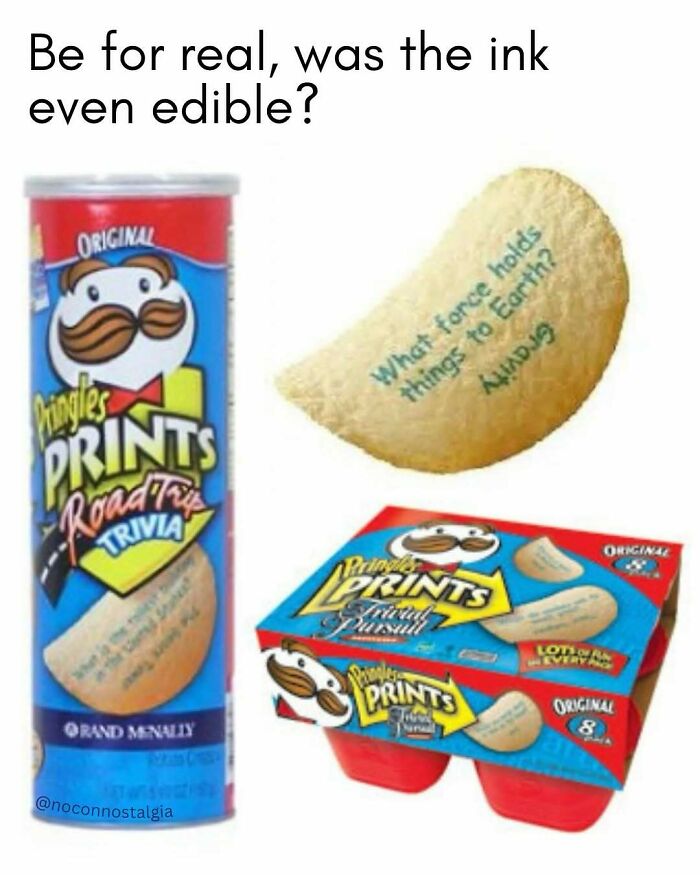 Pringles Prints chips with trivia, a nostalgic snack from the '90s and '00s that many people remember.