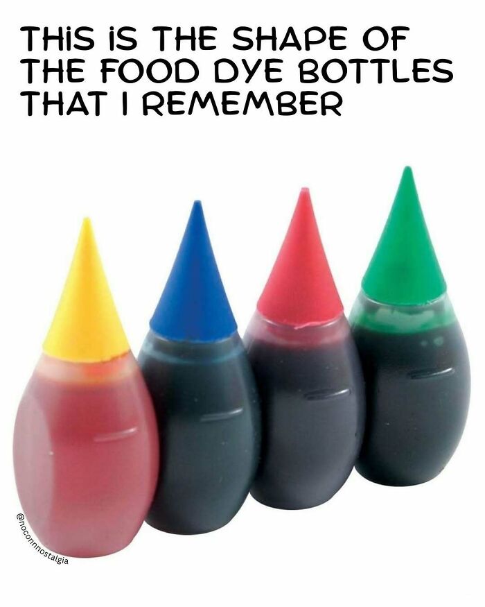 Classic food dye bottles in yellow, blue, red, and green, a nostalgic sight for people who experienced the 90s and 00s.