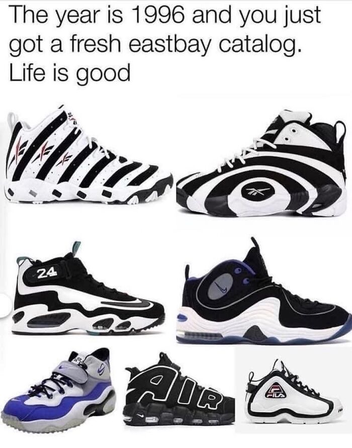 A collection of 1996 sneakers, a pure nostalgia gem from Saturday mornings, showcased from an Eastbay catalog.
