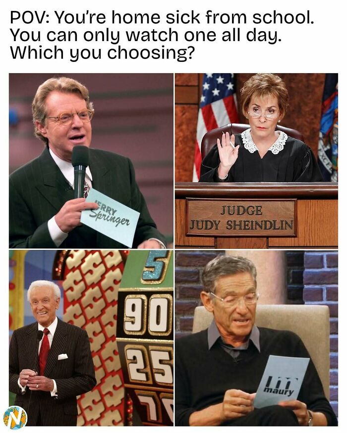 TV hosts Jerry Springer, Judge Judy, Bob Barker, and Maury, showing 90s and 00s nostalgia.