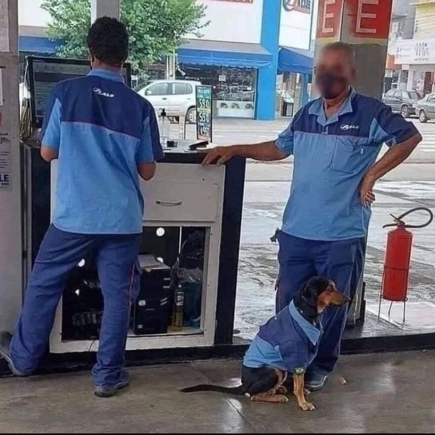 A cursed image of two men and a dog in matching uniforms at a gas station, where the dog is standing on its hind legs.
