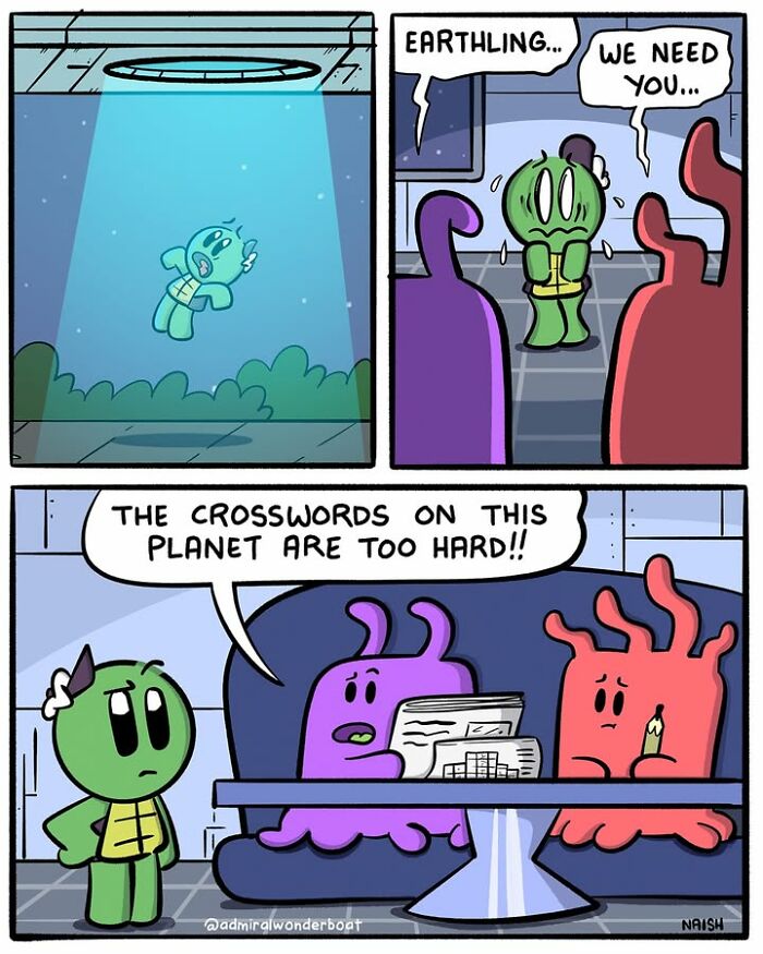 A comic about dark comics and friendship, showing an alien turtle abducted to another planet because aliens need help with hard crosswords.