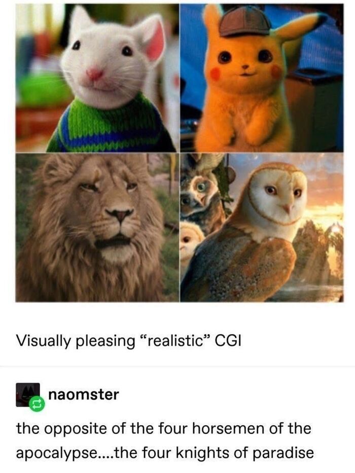 A funny Tumblr post displaying visually pleasing realistic CGI images of various animals.