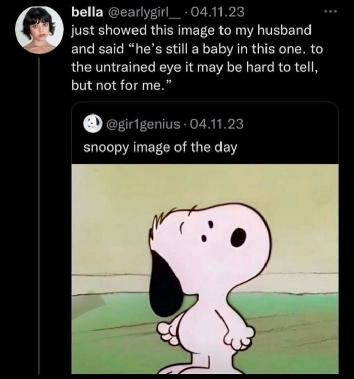 A serotonin meme from X (formerly Twitter) featuring Snoopy. The post shows a small Snoopy image and text about recognizing a baby.