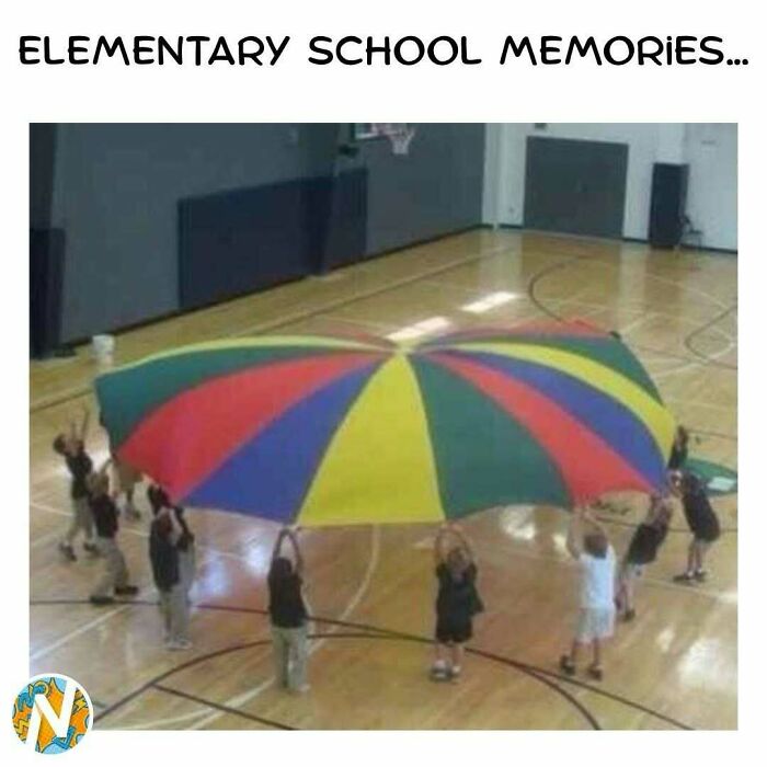 Children playing with a colorful parachute in a school gym, bringing back elementary school memories and 90s and 00s nostalgia.