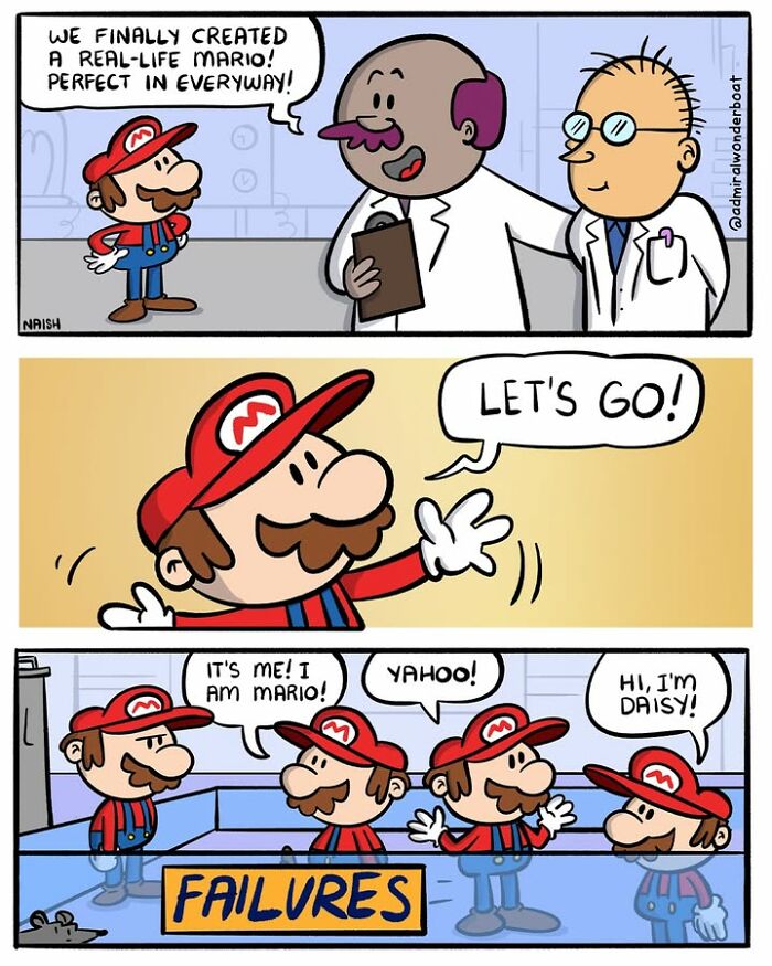 A comic about funny comics and life, showing scientists creating a real-life Mario who turns out to be a failure in many aspects.