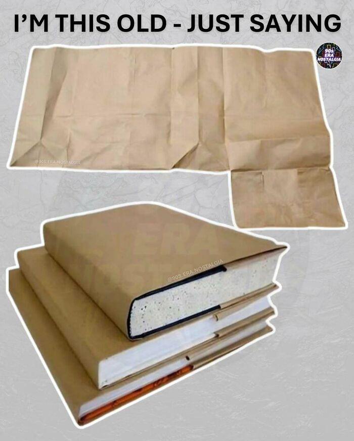 A 90s meme showing books covered with brown paper bags, a classic 90s activity.