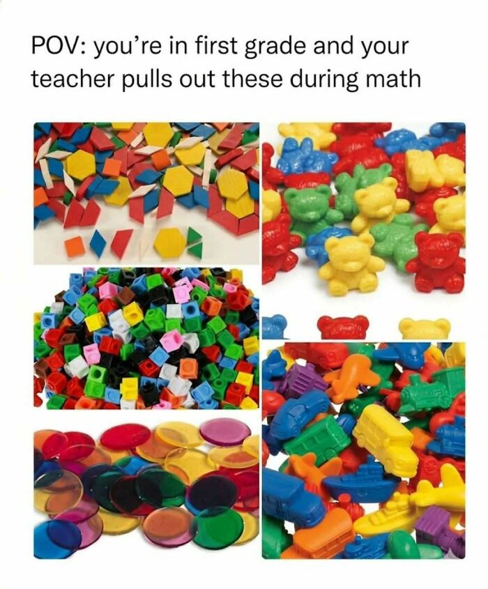 A collection of colorful math manipulatives, including bears, blocks, and shapes, bringing nostalgia for 90s and 00s schooling.