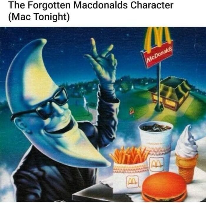 Mac Tonight, a forgotten McDonald's character, with fries, a drink, and a burger, a pure nostalgia gem.