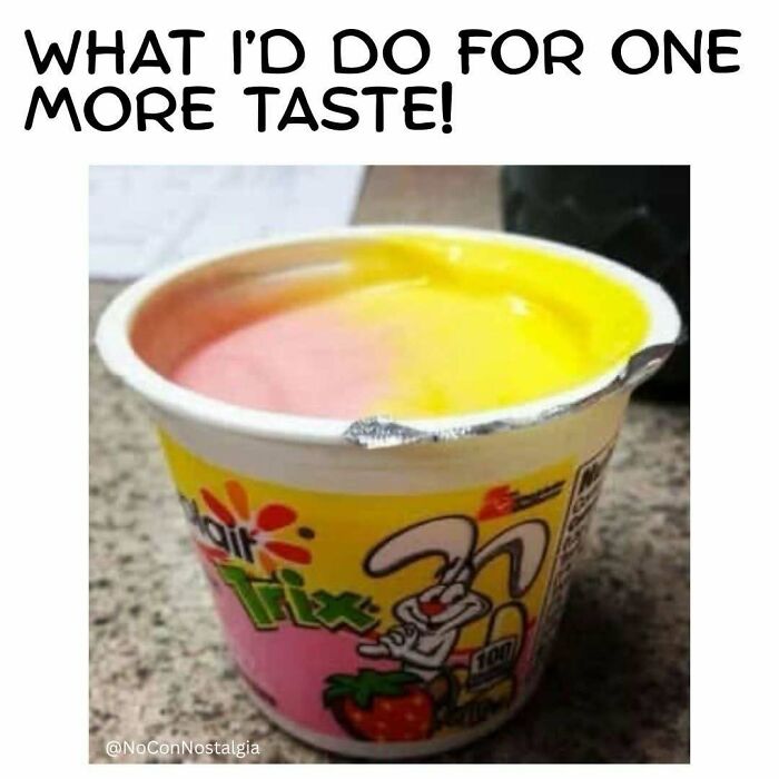 A cup of Trix yogurt, a nostalgic food item from the 90s and 00s.