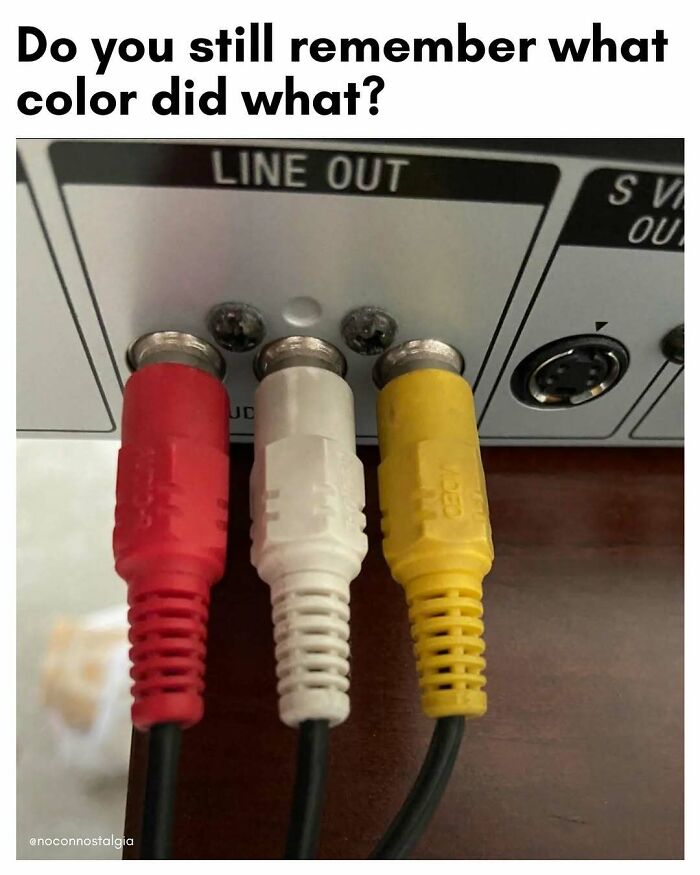 Close-up of red, white, and yellow RCA cables, a common sight that brings nostalgia to people from the 90s and 00s.