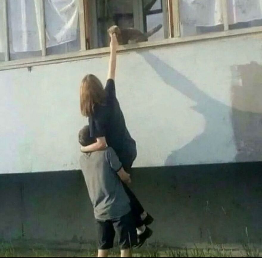 A man holds a woman up to a window while she retrieves a cat, a random and unhinged image.